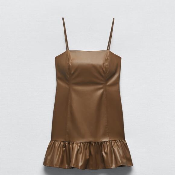 ZARA FAUX LEATHER DRESS LIGHT BROWN - Picture 1 of 4